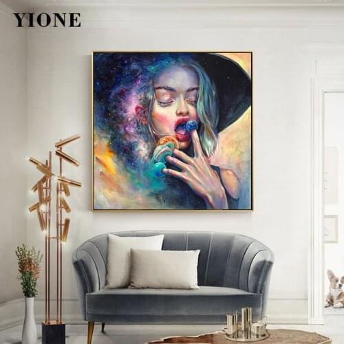 Starry Sky Planet Candy Woman Art Canvas Print Painting Custom Abstract Space Figure Poster Wall Picture for Living Room Bedroom