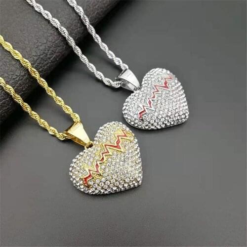 Gold Color Heart Pendant Necklace With Stainless Steel Chain AAA Cubic Zircon Mens Hip Hop Rock Jewelry Dropshipping
