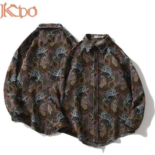 2021 Men Shirt Blouse Turn Down Collar Printed Casual Vintage Cardigan Loose M L XL XXL Fashion Spring/Autumn Long Sleeve Tops