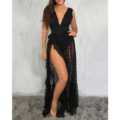 Sexy Women Mesh Sheer Beach Holiday Ruffled Sunscreen Bikini Cover Up Wrap Belted Bow knot tied Long Skirt Summer Holiday