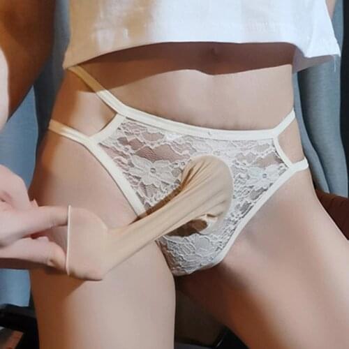 Sexy Elephant Nose Underwear Men Open Peni Sheath Briefs Lace Sheer See-through G-string Long Peni Sleeve Thongs Sissy Lingerie