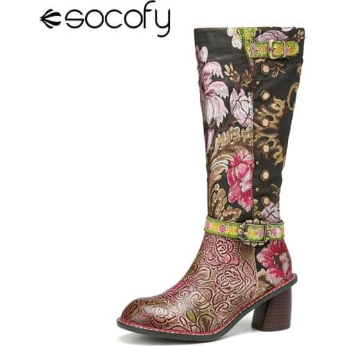 SOCOFY Shoes Elegant Graceful Flowers Cloth Splicning Print Leather Comfy Warm Chunky Heel Mid-calf Boot Winter Boots Women 2020