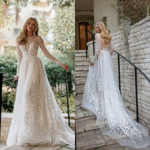 Summer Bohemian Wedding Dresses Long Sleeve A Line Appliques Lace Wedding Gowns Backless Custom Made Bridal Vestidos De Novia