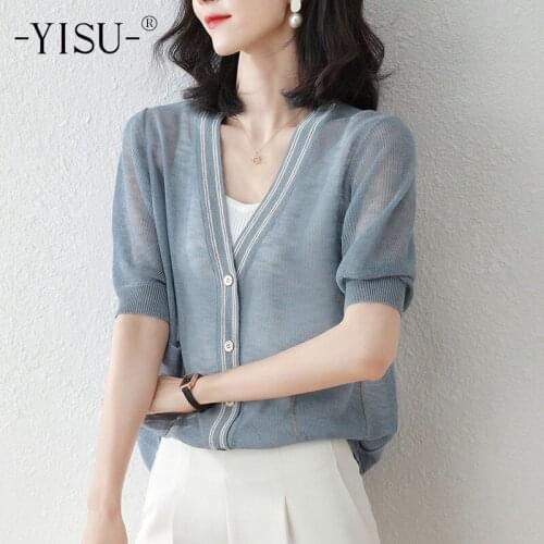 YISU Summer sun protection clothing Woman Cardigan V-Neck Cardigan Transparent Short sleeve Summer Top Thin Knitted Coats Female