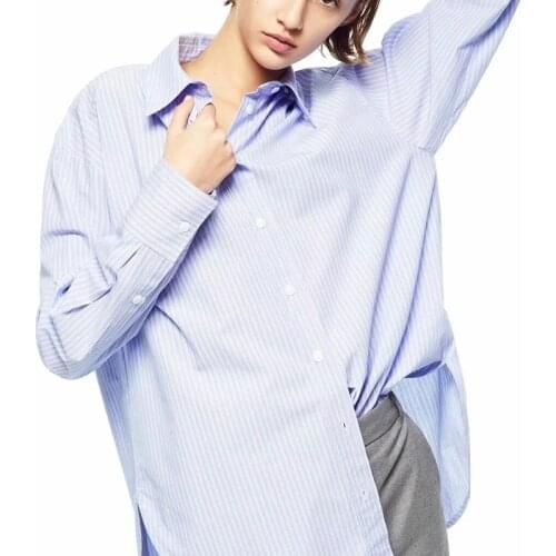 Ladies casual striped printed shirt long-sleeved baggy sky blue shirt overalls professional office blouse