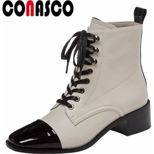 CONASCO New Vintage Women Ankle Boots Autumn Winter Warm Cow Leather Basic Prom Office Lady Boots Motorcycle Mixed Colors Woman