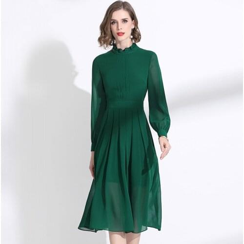 Office Dress Women Spring 2020 Stand Collar Long Sleeved Slim A-Line Elegant Classy Green Chiffon Dress Over The Knees M-XXL
