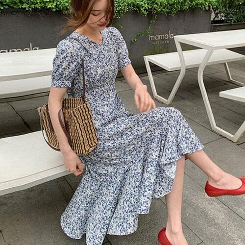Short Sleeve Dress Women Trendy Female Holiday Artistic Summer Ulzzang Elegant 2021 Daily V-neck Ankle Length Leisure Simple Ins