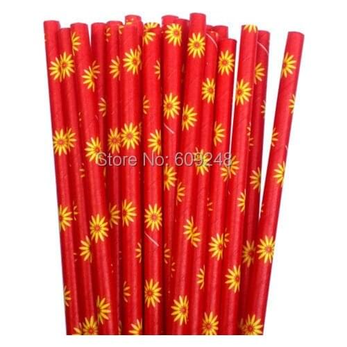 100pcs Mixed Colors Yellow Daisy Printed Red Paper Straws, Cheap Cute Floral Party Supplies Paper Drinking Straws Bulk