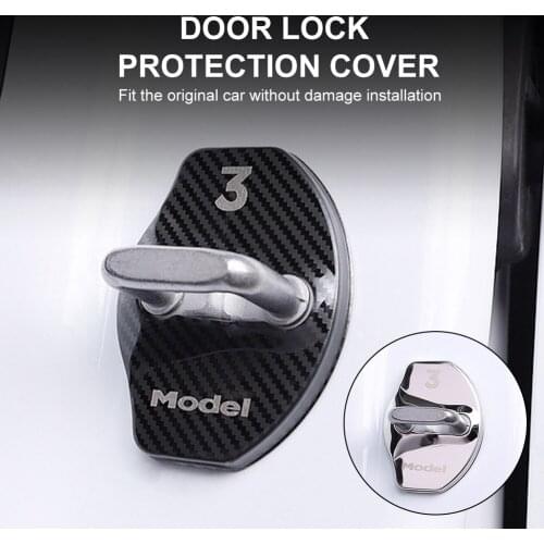 4pcs Car Door Lock Buckle Cover For Tesla Model 3 2021 Accessories Door Lock Carbon Fiber Aluminium Alloy For Model 3 Model Y