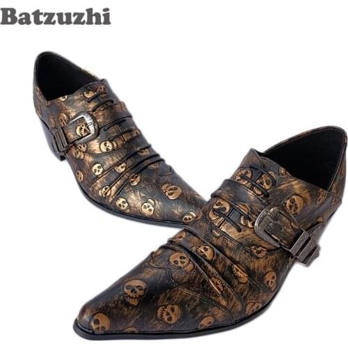 Batzuzhi Handmade Rock Fashion Golden Man Shoes Skulls Pointed Toe Man Leather Dress Shoes Personality Zapatos Hombre 6.5CM Heel