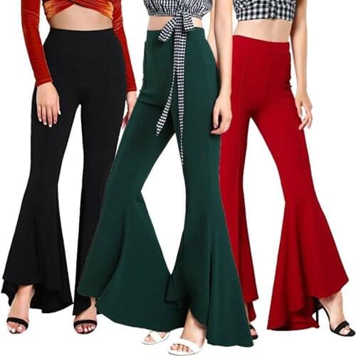 Women Solid Color Elastic High Waist Wide Leg Pants Bell-Bottom Flare Trousers High Waist Wide Leg Pants Bell-Bottom Flare Trous