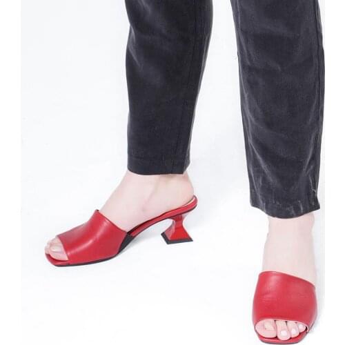 Callizio Womens Genuine Leather Slippers Goblet Heeled Shoes Square Toe Comfortable Slip On Ladies Fashion Best Design тапочка