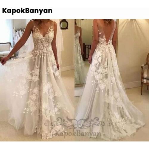 V-neck V-back Zipper Flowers Lace Applique A-line Tulle Long Wedding Dress Backless Bridal Gown