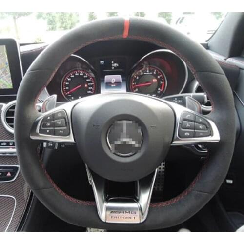 For Benz AMG C63S High Quality Hand-stitched Anti-Slip Black Suede Red Thread DIY Steering Wheel Cover
