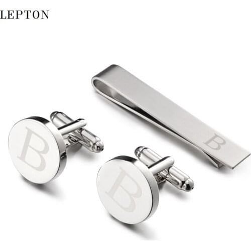 Hot Sale Round Letters B Cufflinks for Mens Silver Color Letters B of alphabet Cuff links & Tie Clip Set Men Shirt Cuffs Button