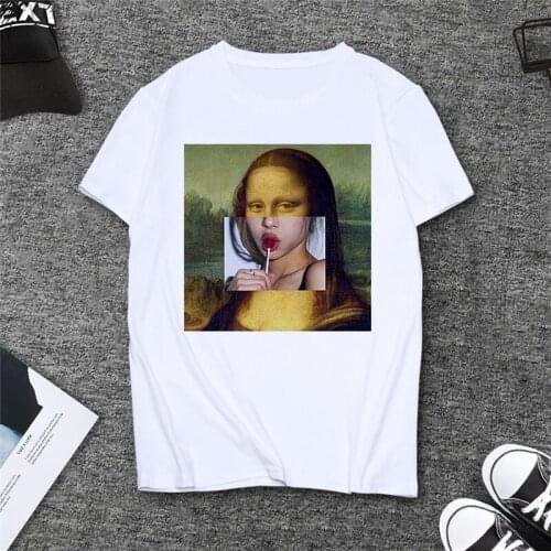 Harajuku aesthetic Tshirt women Mona Lisa spoof personality oil painting Tops Female T-shirt Vintage 90s summer Tshirt clothes