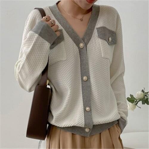 New Autumn Women Elegant Knitted Sweater Cardigan Patchwork Pockets Chic Button Retro V-Neck Office Ladies Fashion Coat Female