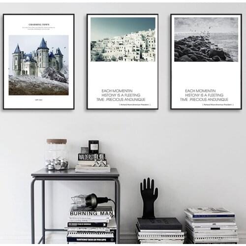 European Building Landscape Seaside Charming Town Free Seagull Waves Beach Canvas Painting Beach Art Poster Living Room Decor