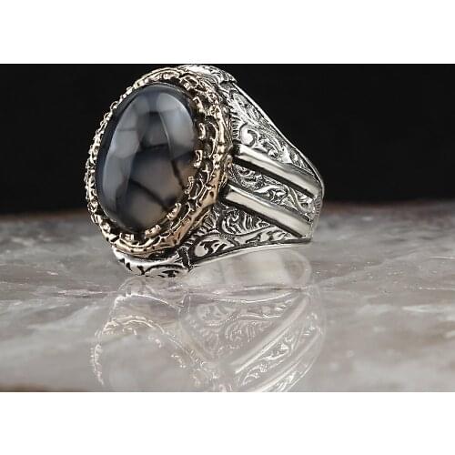 Striped Agate Pen İşçilikli Silver Men 'S Ring