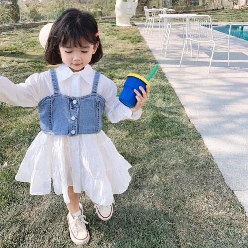 Girl clothes set fashion white long sleeve blouse shrt and denim crop top new brand children fall clothes wholesale kid clothing