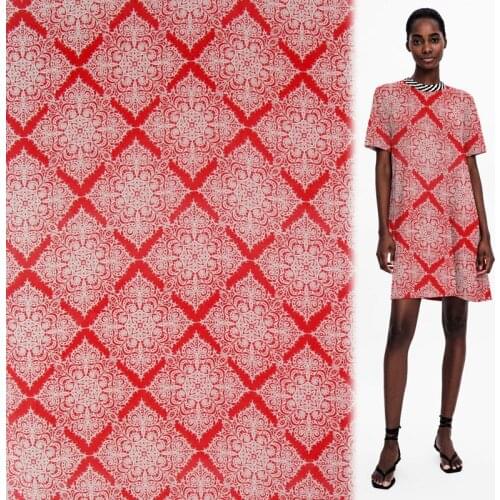 Red geometric and vintage print design pure silk crepe de chine silk fabric,SCDC1177