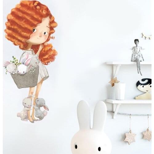 Curly Girl and Bunny Wall Sticker Kids Girls Room Wall Decorative Vinyl Wallpaper Living Room Bedroom Home Decor Murals Stickers