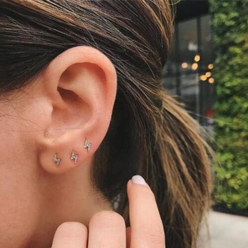 Lightning small stud cz earring for girl women the second stud minimal delicate dainty 925 sterling silver flash design jewelry