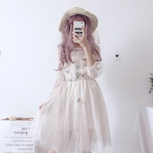 Sweet Womens 2Pcs Set Dress:Suspender Dress+Lantern Sleeve Net Yarn Dress Cute Flower Appliques Spring Women Fashion One Piece