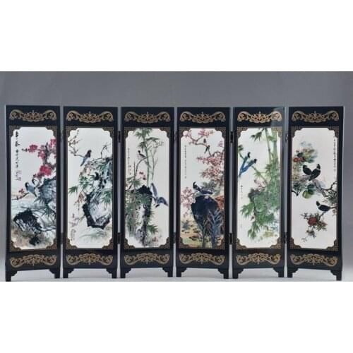 Mini ) Exquisite Chinese Classical Lacquerware Painting Birds and Flowers Folding Screen