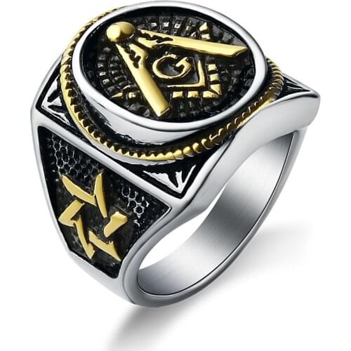 EdgLifU Men Gold Plating Mason Signet Ring Mens Stainless Steel Freemason Masonic Rings fashion Party ring Jewelry