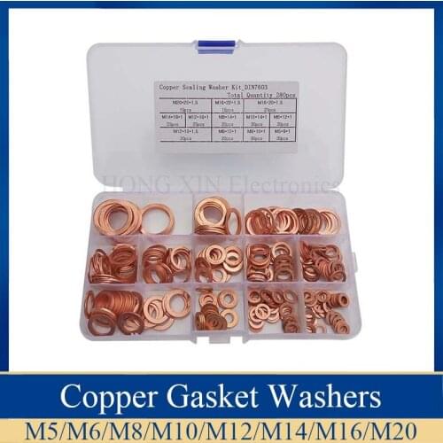 280pcs Solid Copper Gasket Assorted Copper Washers Sealing Ring Set with Case 12 Sizes M5-M20 with box