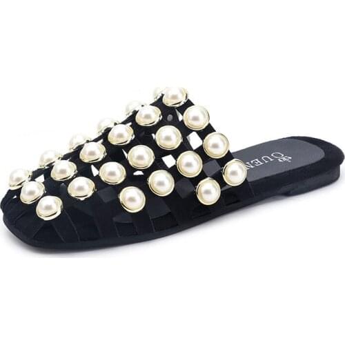 2021 New Bright Beads Fashion Slippers Shoes Female Hollow Out All-match Casual Sandals Low Heel Korean Style