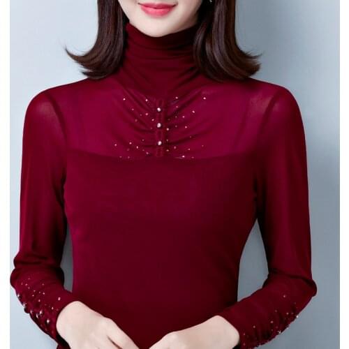 New 2021 Spring Autumn Womens T-Shirt Fashion Casual Turtleneck Mesh Tops Elegant Slim Diamond Female Shirt Blusas