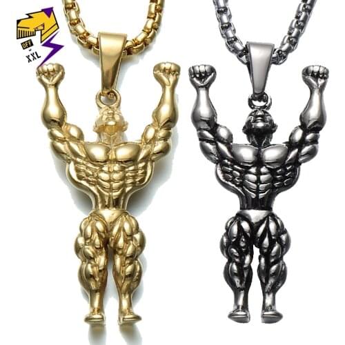 Sporty Strong Muscle Men Pendant Necklaces Stainless Steel Fitness Figure Gold Color Chains Hiphop Rock Roll Necklace Street Man