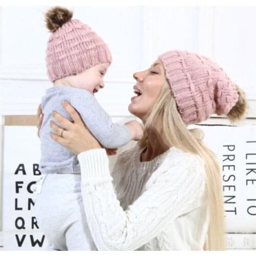 Mom Baby Hat Knitted Cap 2020 Newborn Baby Women Winter Warm Fur Pom Bobble Crochet Beanie Caps Hat Black Pink Beige Gray