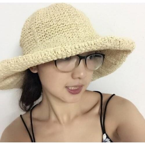 Foldable Straw Hat Female Sun Shade Fashion Handmade Crochet Eaves Hats Tourism Holiday Beach Openwork Lace Sunscreen Caps H061