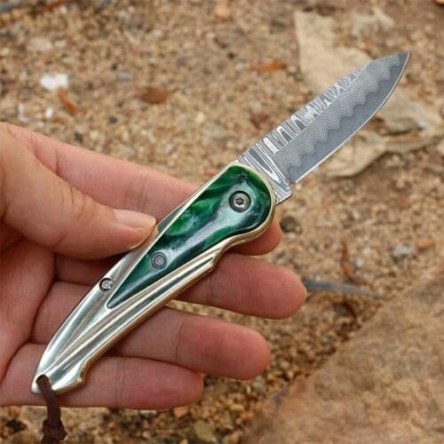 Folding knife Free shipping The Exquisite sharp Damascus steel camping tool copper handle outdoor self-defense knife