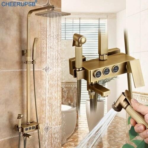 Conjunto De Duche Bathroom Retro Rainfall Shower System Brushed Brass Mixer Bath Tap Wall Thermostatic Rain Shower Set Faucet