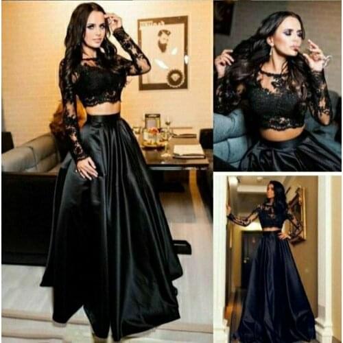 Sexy 2 Pieces A-Line Long Sleeve Black Evening Dresses with Pockets Floor Length Satin Zipper Back Formal Party Dress for Women