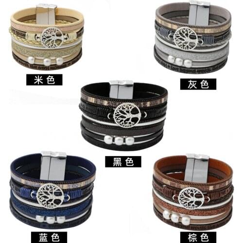 Vintage Fashion Chunky Leather Wide Stackable Wrap the Tree of Life Charms Bracelets for Women Magnet Clasp Bangles