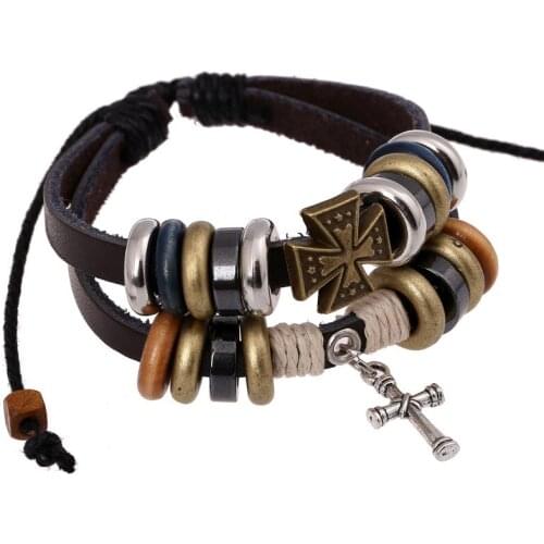 Vintage Cross Pendant Multilayer Leather BeadS Bracelet Bangles for man woman Hand Jewelry Drop shipping