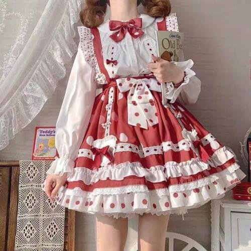 Japanese Cute Gothic Lolita Strawberry Dress Set Summer Sweet Girl Cute Woman JK Uniform Harajuku Maid Sling Dress Suit