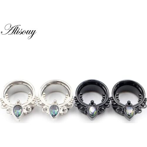 Alisouy 2PC Fashion Stainless Steel Silver Color Black Ear Plugs Tunnels CZ Body Jewelry Piercing Gauges Expanders For Women Men