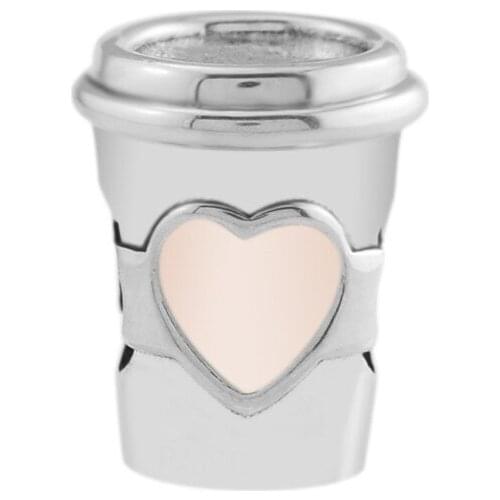 Drink To Go Coffee Vintage Beads for Charms Bracelets Women Silver 925 Jewelry Pink Enamel Love Heart Beads for Jewelry Making