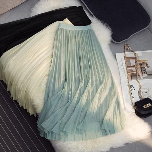 2021 Women Spring Summer Vintage Skirt Ladies Sweet Elastic High Waist A-line Mesh Pleated Skirt Female Casual Solid Faldas E534