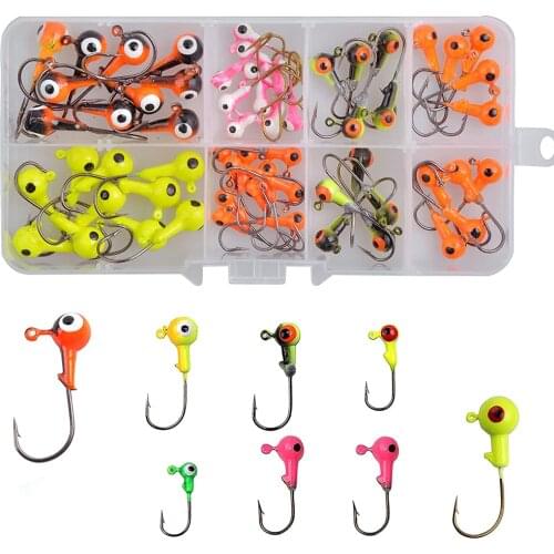 JSM 50pcs Multicolor 3D Fish Eyes Jig Head Fishing Hooks High Carbon Steel Lead Head Lures Fishing Hooks Set With Box