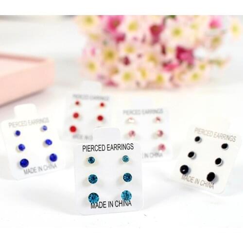 6 Fashion Colors Shiny Blue Red Black Pink Crystal Anti-allergic Plastic Stud 3 Sizes per set Women Little Stud Earrings