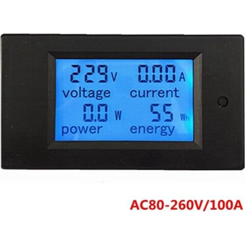 AC 80-260V/100A Digital AC Ammeter Voltmeter Current Voltage Power Watt Energy Meter Monitor with Transformer Blue Backlight