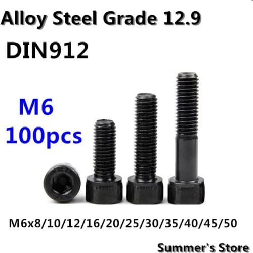 100pcs/lot DIN912 Hex Socket Head Cap Screw M6*8/10/12/16/20/25/30/35/40/45/50mm M6 black long screws bolts
